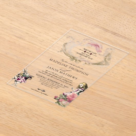 ヴィンテージティール(緑がかった色)赤面アリスinワンダーランド結婚ズ アクリル招待状 (レイダウン)