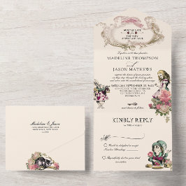 ヴィンテージティール(緑がかった色)赤面アリスinワンダーランド結婚ズ オールインワン招待状