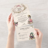 ヴィンテージティール(緑がかった色)赤面アリスinワンダーランド結婚ズ オールインワン招待状 (貼ってはがせる)