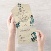 ヴィンテージティール(緑がかった色)金ゴールドアリスinワンダーランド結婚ズ オールインワン招待状 (貼ってはがせる)