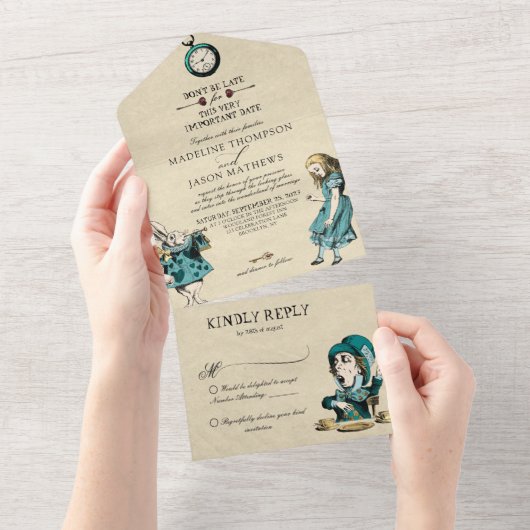 ヴィンテージティール(緑がかった色)金ゴールドアリスinワンダーランド結婚ズ オールインワン招待状 (貼ってはがせる)
