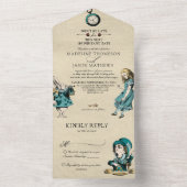 ヴィンテージティール(緑がかった色)金ゴールドアリスinワンダーランド結婚ズ オールインワン招待状 (内側)