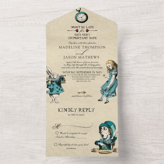 ヴィンテージティール(緑がかった色)金ゴールドアリスinワンダーランド結婚ズ オールインワン招待状 (内側)