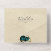 ヴィンテージティール(緑がかった色)金ゴールドアリスinワンダーランド結婚ズ オールインワン招待状 (裏面)