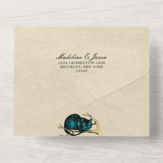 ヴィンテージティール(緑がかった色)金ゴールドアリスinワンダーランド結婚ズ オールインワン招待状 (裏面)