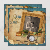 ヴィンテージティール(緑がかった色)、金ゴールドフレームフォトウェディング招待 招待状 (正面/裏面)