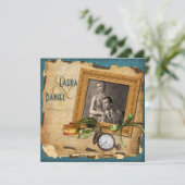 ヴィンテージティール(緑がかった色)、金ゴールドフレームフォトウェディング招待 招待状 (スタンド正面)