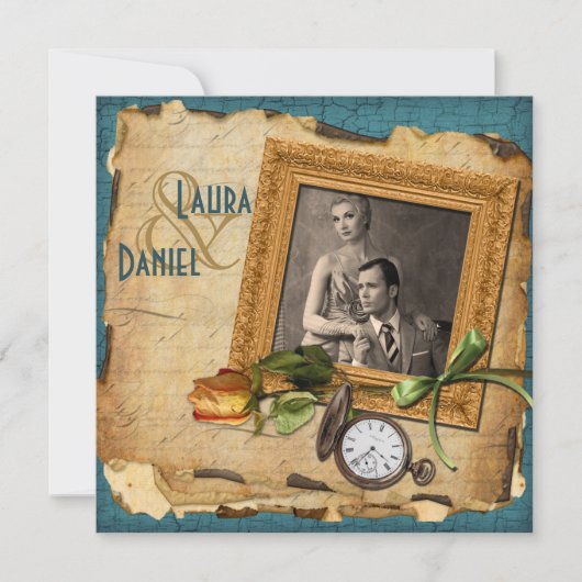 ヴィンテージティール(緑がかった色)、金ゴールドフレームフォトウェディング招待 招待状 (正面)