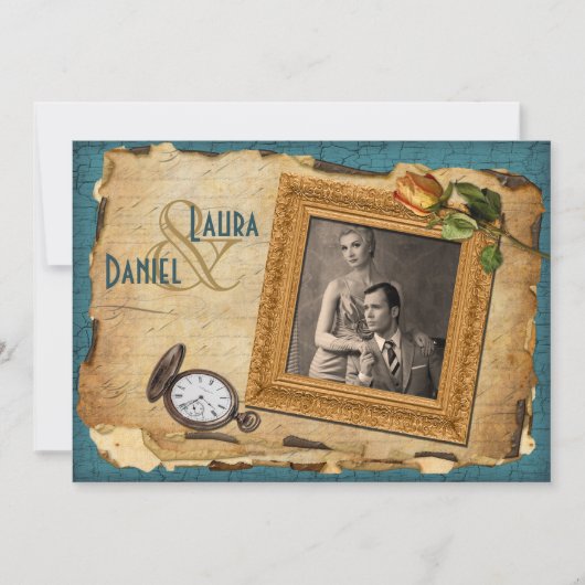 ヴィンテージティール(緑がかった色)、金ゴールドフレームフォトウェディング招待II 招待状 (正面)