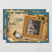 ヴィンテージティール(緑がかった色)、金ゴールドフレームフォトウェディング招待II 招待状 (正面/裏面)