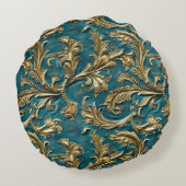 ヴィンテージティール（緑がかった色）金ゴールド工具革 ラウンドクッション (裏面)