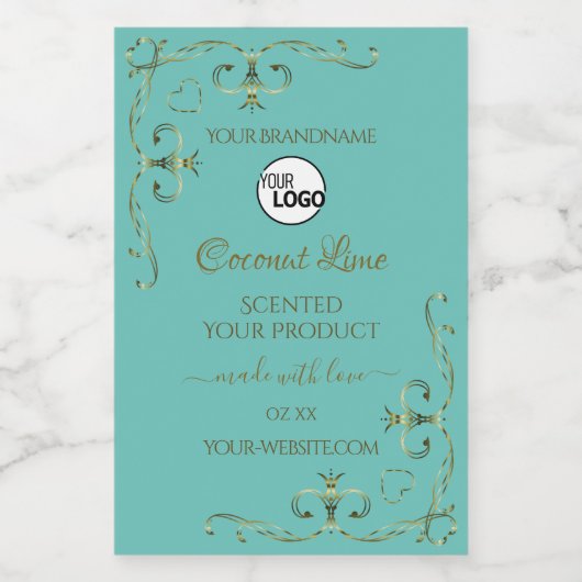 ヴィンテージティール(緑がかった色)金ゴールド装飾製品ラベルロゴ フードラベル (シングルラベル)