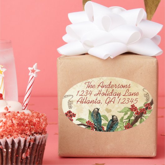 ヴィンテージティール（緑がかった色）鳥ブルゴーニュ赤く咲く木 楕円形シール (パーティー)