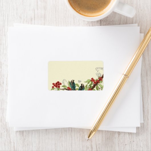 ヴィンテージティール（緑がかった色）鳥ブルゴーニュ開花枝ラベル ラベル (インサイチュ)