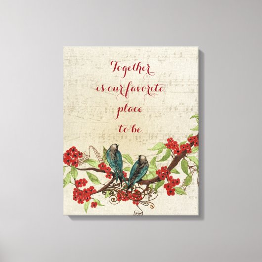 ヴィンテージティール（緑がかった色）鳥赤フローラルパターン引用文 キャンバスプリント (正面)