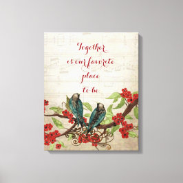 ヴィンテージティール（緑がかった色）鳥赤フローラルパターン引用文 キャンバスプリント