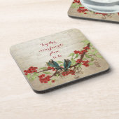 ヴィンテージティール(緑がかった色)鳥赤フローラルパターン引用文 コースター (左側)