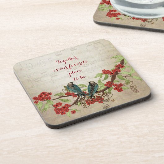 ヴィンテージティール（緑がかった色）鳥赤フローラルパターン引用文 コースター (左側)