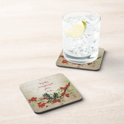 ヴィンテージティール(緑がかった色)鳥赤フローラルパターン引用文 コースター (右側)