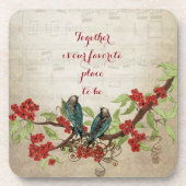 ヴィンテージティール(緑がかった色)鳥赤フローラルパターン引用文 コースター (正面)