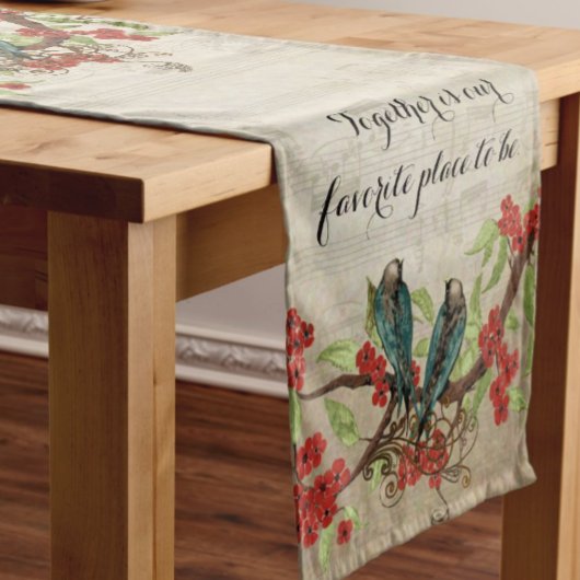 ヴィンテージティール(緑がかった色)鳥赤フローラルパターン ショートテーブルランナー