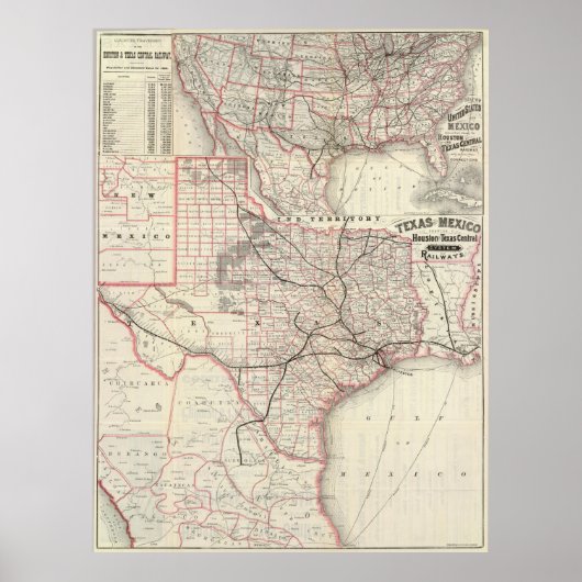 ヴィンテージテキサス州鉄道システムの地図(1885) ポスター (正面)