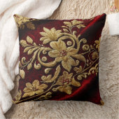 ヴィンテージテクスチャ刺しゅうルックレッド金ゴールドフローラ クッション (ブランケット)