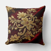 ヴィンテージテクスチャ刺しゅうルックレッド金ゴールドフローラ クッション (正面)