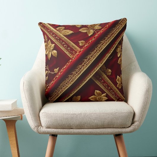 ヴィンテージテクスチャ刺繍ルックレッド金ゴールドパターン クッション