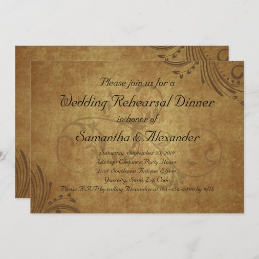 ヴィンテージテスタインスワール結婚のリハーサルディナー 招待状 (正面/裏面)