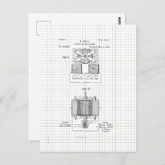 ヴィンテージテスラ電磁電動機の特許 ポストカード (正面/裏面)