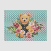 ヴィンテージテディベアとピンクのフローラバラオンアクア 薄葉紙 (正面)