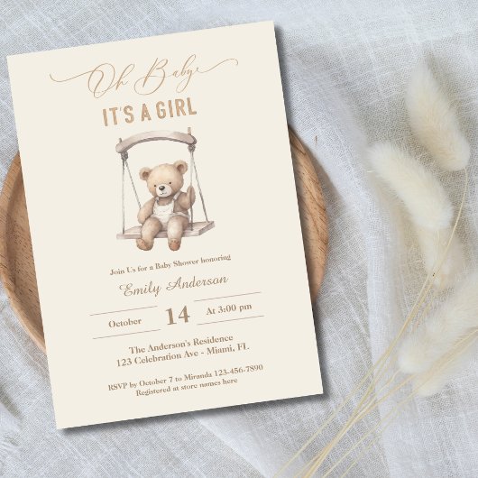 ヴィンテージテディベアスクリプトガールベビーシャワー 招待状