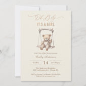 ヴィンテージテディベアスクリプトガールベビーシャワー 招待状 (正面)