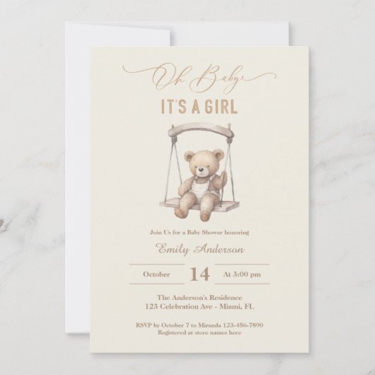 ヴィンテージテディベアスクリプトガールベビーシャワー 招待状 (正面)