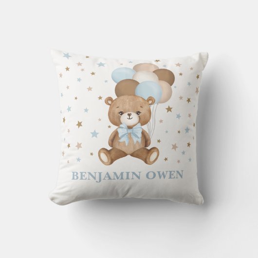 ヴィンテージテディベアバルーン男の赤ちゃん子供部屋 クッション (正面)