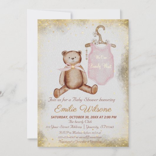 ヴィンテージテディベアピンクの女の子の赤ちゃんシャワー 招待状 (正面)