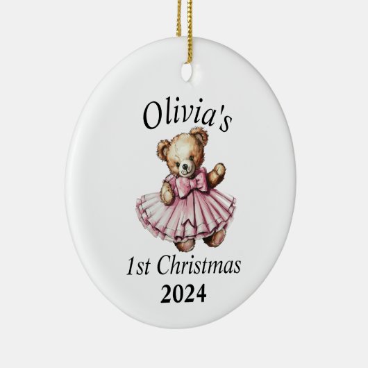 ヴィンテージテディベアピンク1stクリスマスパーソナライズされた セラミックオーナメント (右)