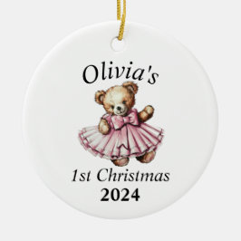 ヴィンテージテディベアピンク1stクリスマスパーソナライズされた セラミックオーナメント