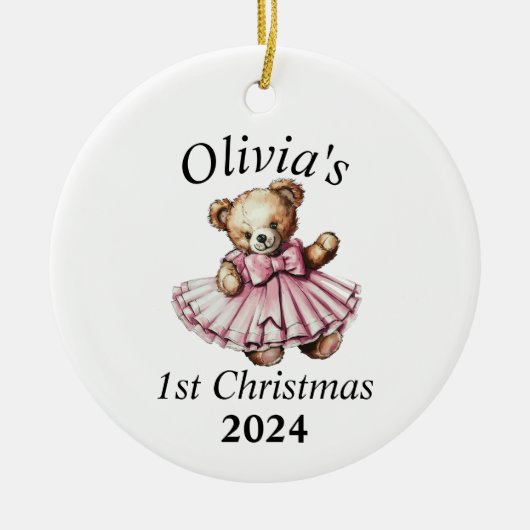 ヴィンテージテディベアピンク1stクリスマスパーソナライズされた セラミックオーナメント (正面)