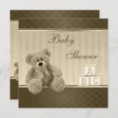 ヴィンテージテディ&建物がベビーシャワーを遮る 招待状 (正面/裏面)