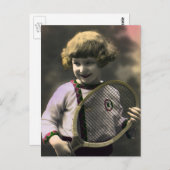 ヴィンテージテニススポーツ，ハッピーガールとラケット ポストカード (正面/裏面)