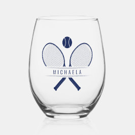 ヴィンテージテニスラケット、テニスボール&ネーム ステムなしワイングラス