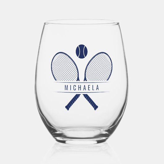 ヴィンテージテニスラケット、テニスボール&ネーム ステムなしワイングラス (正面)