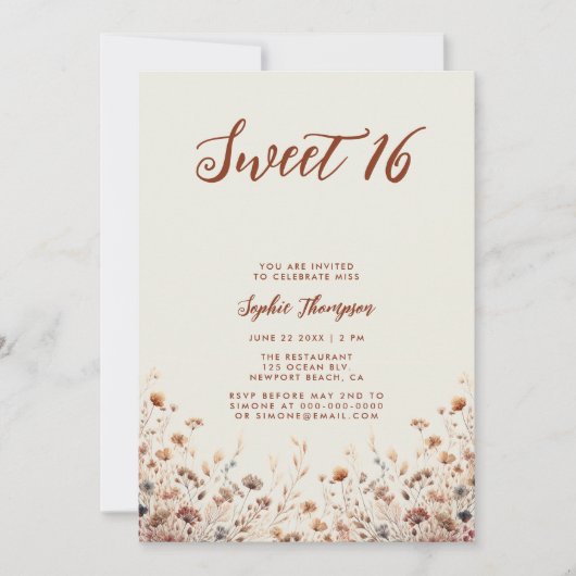 ヴィンテージテラコッタワイルドフラワーズウォーターカラースウィート16 招待状 (正面)