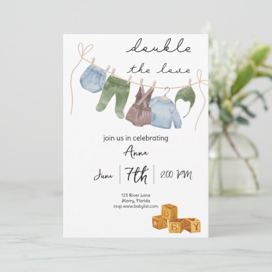 ヴィンテージテーマツイン男の子の赤ちゃんシャワー 招待状 (スタンド正面)