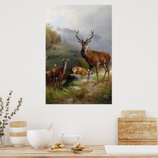 ヴィンテージディアスタッグ – アニマルズオールドイラストレーションアート ポスター (キッチン)