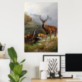 ヴィンテージディアスタッグ – アニマルズオールドイラストレーションアート ポスター (ホームオフィス)