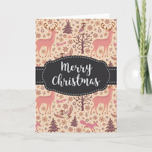 ヴィンテージディアフクロウキツネウッズメリークリスマスカード シーズンカード (正面)