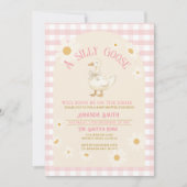 ヴィンテージデイジーガチョウ赤ちゃんシャワーピンクギンガム 招待状 (正面)